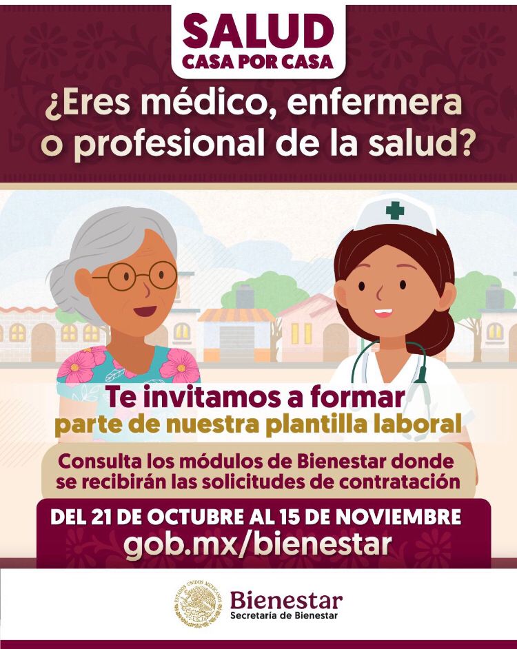 Bienestar abre convocatoria para contratar personal médico y de enfermería para programa Salud Casa por Casa